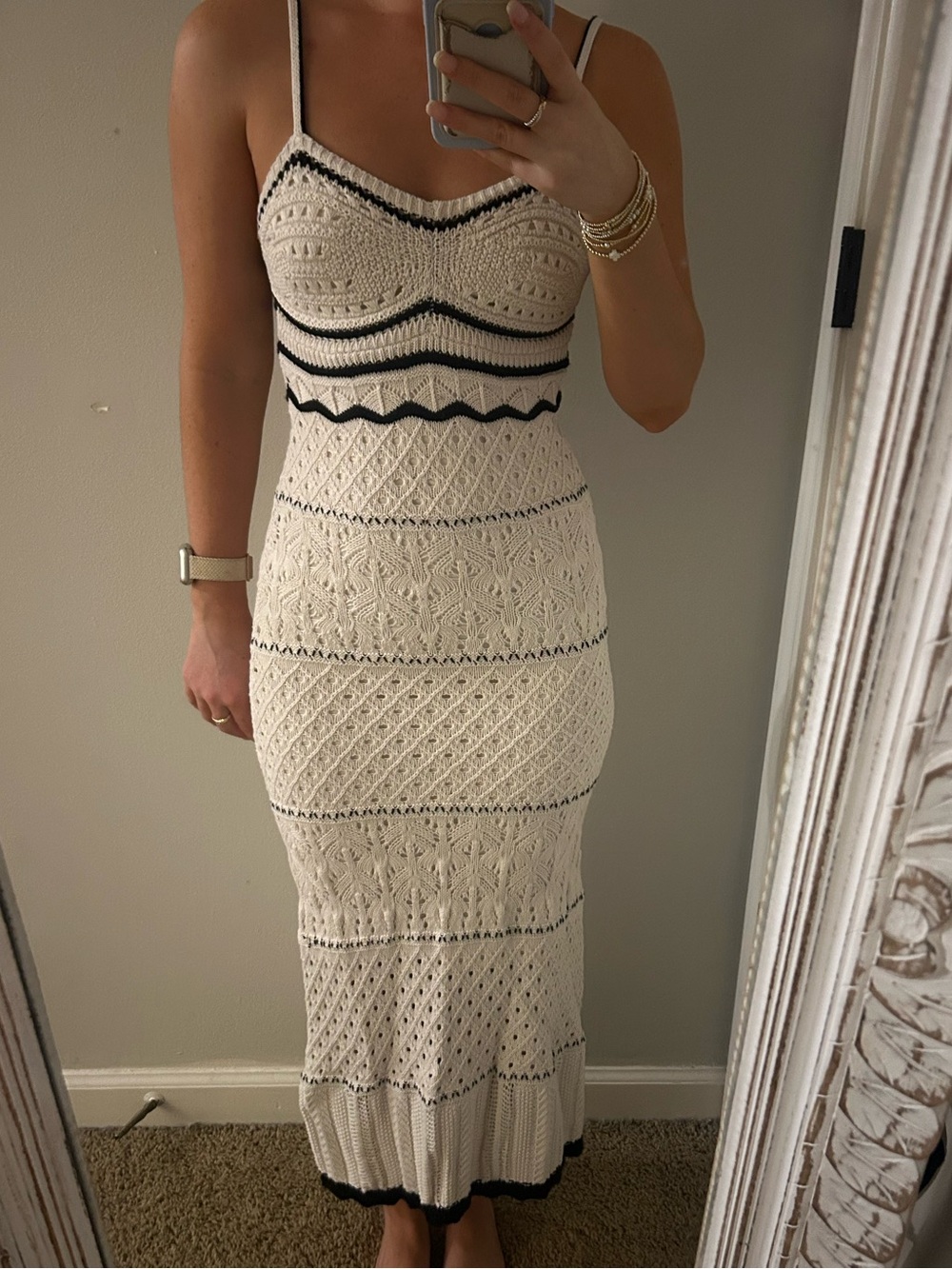 Olive & Oak Cream Crochet Maxi Dress with Black Trim Size XS